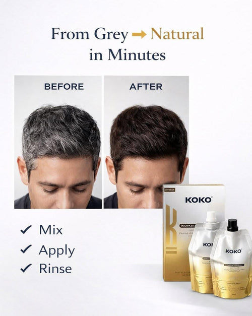 Before and after comparison of hair color transformation using Koko hair product, with packaging and application steps displayed.