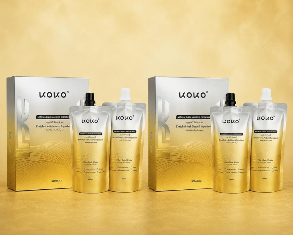 Koko hair care products with packaging on a gold background